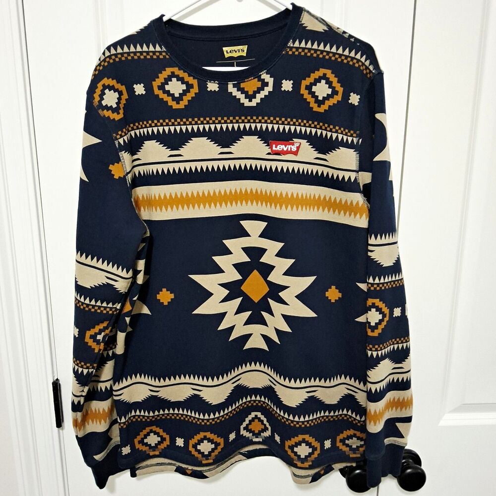 Levi's Men's Navy Blue Aztec Geometric Pattern Knit Crewneck Sweater Size Large